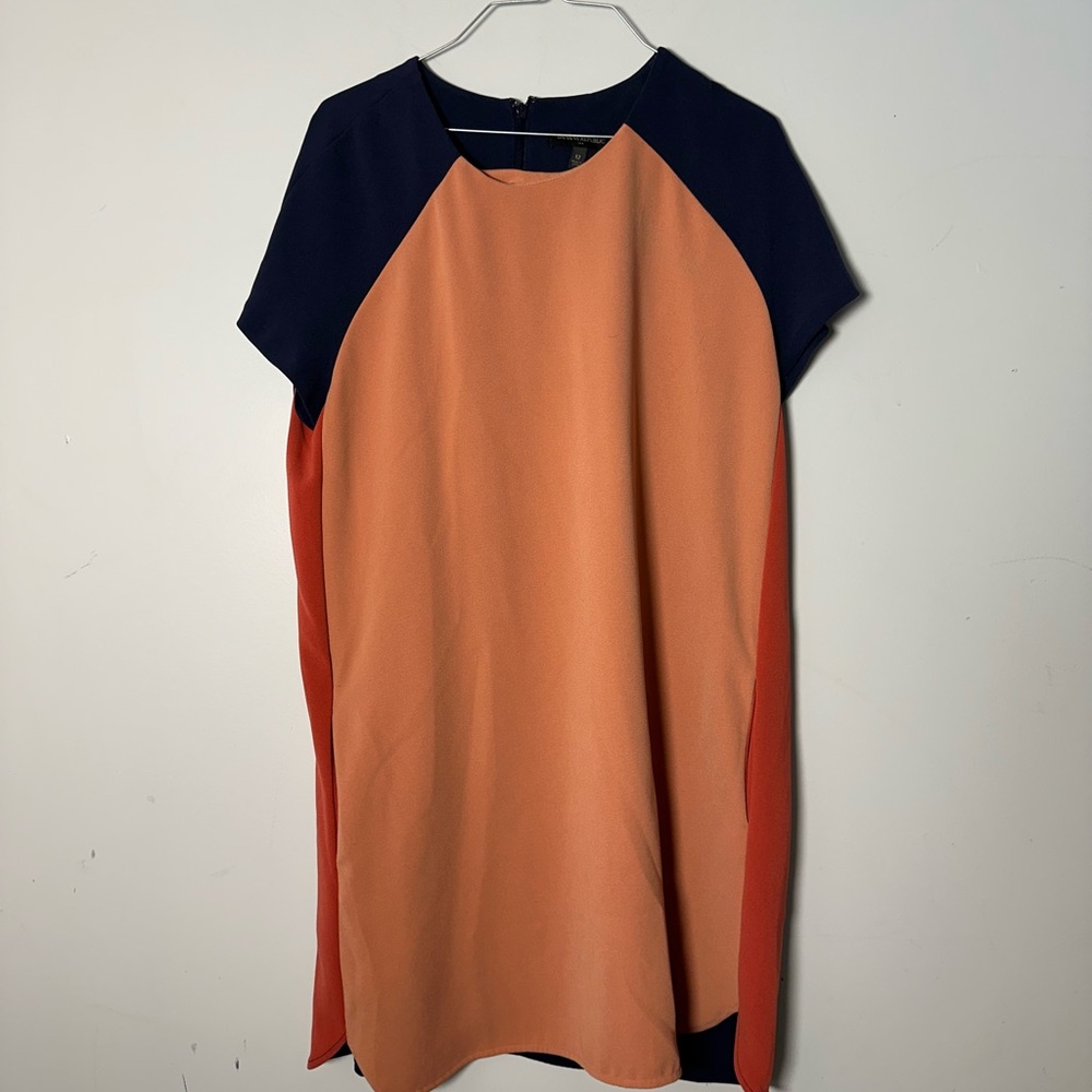 EUC Womens Banana Republic Dress 12 Blue Pink Melon Knee Length Short Sleeve